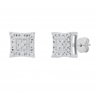 Round White Diamond Concave Curved Square Kite Shaped Pushback Stud Earrings for Her (0.12 ctw, Color I-J, Clarity I2-I3) | 925 Sterling Silver