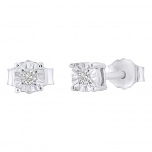 Round White Diamond Solitaire Illusion Set Unisex Stud Earrings (0.08 ctw, Color I-J, Clarity I2-I3) in 925 Sterling Silver in Push Back