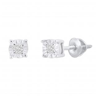 Round White Diamond Solitaire Illusion Set Unisex Stud Earrings (0.08 ctw, Color I-J, Clarity I2-I3) in 925 Sterling Silver in Screw Back