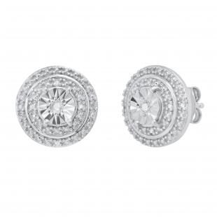 Round White Diamond Double Halo Stud Earrings with Post Push Back for Women 1/10 CT (0.10 ctw Color I-J Clarity I1-I2) in 14K White Gold