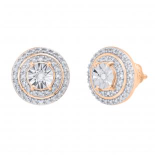 Round White Diamond Double Halo Stud Earrings with Post Screw Back for Women 1/10 CT (0.10 ctw Color I-J Clarity I1-I2) in 18K Rose Gold