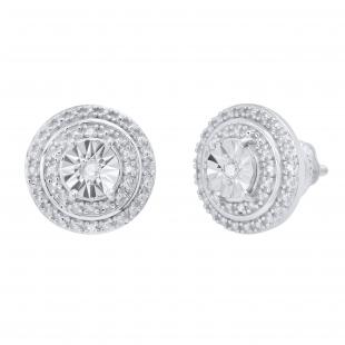 Round White Diamond Double Halo Stud Earrings with Post Screw Back for Women 1/10 CT (0.10 ctw Color I-J Clarity I2-I3) in 925 Sterling Silver