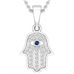 Round Blue Sapphire & 0.09 ctw White Diamond Hamsa Hand Evil Eye Charm Pendant For Her | 925 Sterling Silver