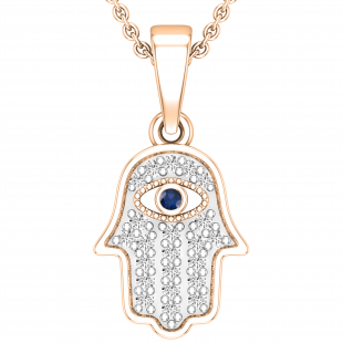 Round Blue Sapphire & 0.09 ctw White Diamond Hamsa Hand Evil Eye Charm Pendant For Women | 18K Rose Gold