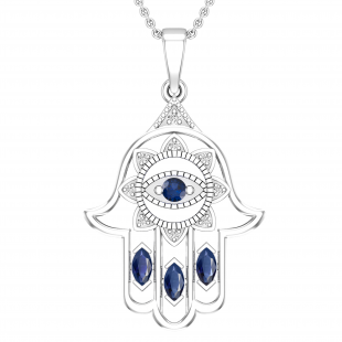 Round & Marquise Blue Sapphire & Round White Diamond Hamsa Evil Eye Pendant for Her | 14K White Gold