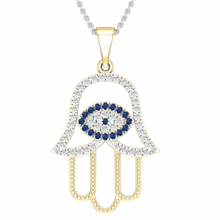 Round White & Blue Cubic Zirconia Hand of Fatima Evil Eye Pendant with 18 Inch Silver Chain for Women | 18K Yellow Gold