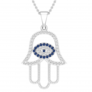 Round White & Blue Cubic Zirconia Hand of Fatima Evil Eye Pendant with 18 Inch Silver Chain for Women | 925 Sterling Silver