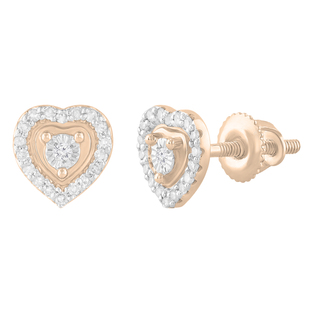 Round White Diamond Heart Frame Screw Back Stud Earrings For Her (0.13 ctw Color I-J Clarity I2-I3) | 10K Rose Gold