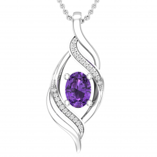 7X5mm Oval Amethyst and Round Diamond Twist Flame Pendant for Women with 18 Inch Silver Chain | 925 Sterling Silver