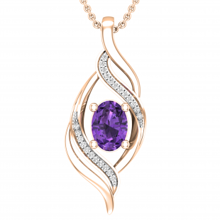 7X5mm Oval Amethyst and Round Diamond Twist Flame Pendant for her with 18 Inch Gold Chain | 14K Rose Gold
