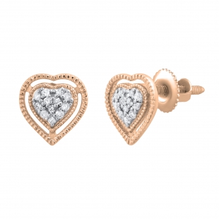 0.10 Carat (Ctw) Round Diamond Ladies Double Heart Frame Stud Earrings 1/10 CT | 14K Rose Gold