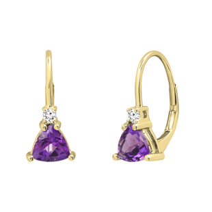 Trillion Concave Shaped Amethyst & Round White Diamond Ladies Hoop Earrings 14K Yellow Gold