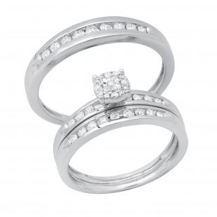 0.49 Carat (ctw) Round White Diamond His and Her Forever Bride Trio Ensemble set 1/2 CT | 925 Sterling Silver