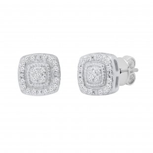 Round White Diamond Congregate Core Enclosed Borderline Fashion Pushback Stud Earrings for Her (0.10 ctw, Color I-J, Clarity I2-I3) | 10K White Gold