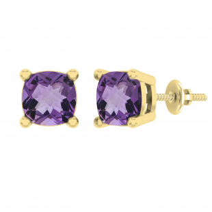 Cushion Amethyst Ladies Screw Back Solitaire Stud Earrings (Color Purple Clarity Moderately Included) | 10K Yellow Gold