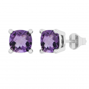 Cushion Amethyst Ladies Push Back Solitaire Stud Earrings (Color Purple Clarity Moderately Included) | 14K White Gold