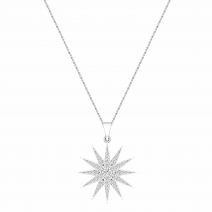 Round White Cubic Zirconia Contemporary Double Starburst Pendant Necklace with 18 Inch Silver Chain for Women (0.66 ctw Color White Clarity Clean) | 10K White Gold