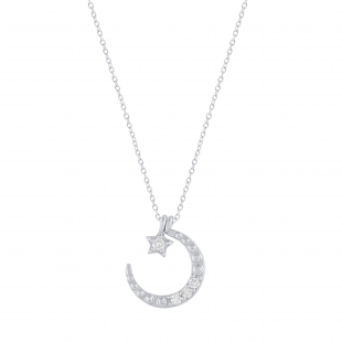 Round White Diamond Three Stone Half Cresent Moon With Tiny Star Pendant for Her (0.10 ctw, Color I-J, Clarity I2-I3) in 925 Sterling Silver