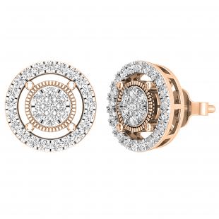 Round White Diamond Circle Shape Frame Cluster Ladies Push Back Stud Earrings (0.76 ctw Color I-J Clarity I1-I2) | 18K Rose Gold