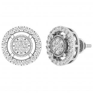 Round White Diamond Circle Shape Frame Cluster Screw Back Stud Earrings for Her (0.76 ctw Color I-J Clarity I1-I2) | 18K White Gold