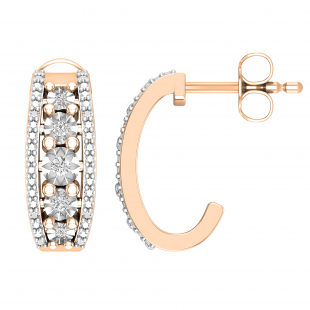 Round White Diamond Center Row and Beaded Outer Ribbons Modish J Shape Pushback Hoop Earrings for Her (0.10 ctw, Color I-J, Clarity I1-I2) | 14K Rose Gold