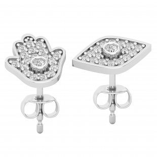 Pair of Hamsa Hand of Fatima and Evil Eye Studded With Round White Diamond Push Back Earrings for Her (0.22 ctw, Color I-J, Clarity I2-I3) | 925 Sterling Silver