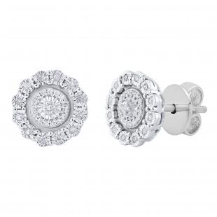 Round White Diamond Illusion Set Cluster Pushback Stud Earrings for Women (0.17 ctw Color I-J Clarity I2-I3) 10K White Gold