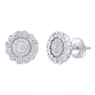 Round White Diamond Illusion Set Cluster Screwback Stud Earrings for Women (0.17 ctw Color I-J Clarity I2-I3) 925 Sterling Silver