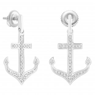 Round White Diamond Hanging Anchor Screwback Dangle Drop Earrings for Women (0.22 ctw, Color I-J, Clarity I2-I3) in 925 Sterling Silver