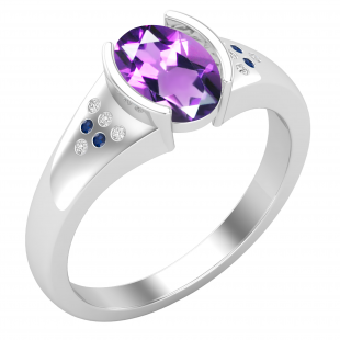 8X6mm Oval Amethyst Accented with Round White Diamond & Blue Sapphire Engagement Ring for Women in 925 Sterling Silver