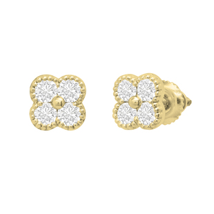 Round White Diamond Floral Metal Beaded Edge Screw Back Stud Earrings for Women (0.48 ctw Color I-J Clarity I1-I2) in 14K Yellow Gold
