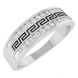 Round White Diamond Double Row Classic Greek Key Style Inspired Wedding Ring for Him (0.26 ctw Color I-J Clarity I2-I3) in 925 Sterling Silver