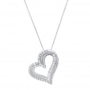 Round White Diamond Double Heart Design Pendant for Her (0.50 ctw Color I-J Clarity I2-I3) in 925 Sterling Silver