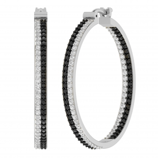 1.85 Carat (ctw) Round Black & White Diamond Halfway Double Row Inside Out Hinged Huggie Hoop Earrings for Women in 14K White Gold