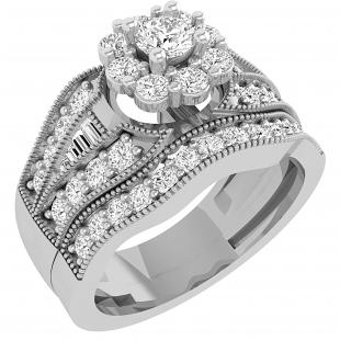 Baguette & Round White Diamond Cluster Flower Halo with Metal Beaded  Wedding Ring Set for Women ( 1.21 ctw Color I-J Clarity I2-I3) in 925 Sterling Silver