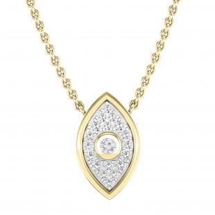 Round White Diamond Vertical Evil Eye Protection Charm Pendant Necklace with 18 inch Gold Chain for Women (0.10 ctw Color I-J Clarity I1-I2) in 14K Yellow Gold