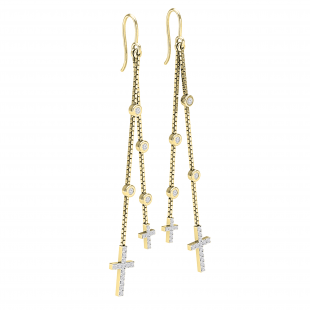 Round White Diamond Station Style Dangling Cross Drop Earring for Women (0.23 ctw, Color I-J, Clarity I1-I2) in 14K Yellow Gold