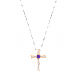 5X5mm Heart Amethyst & Round White Diamond Religious Cross Pendant with 18 inch Silver Chain for Women in 18K Rose Gold