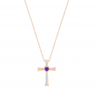5X5mm Heart Amethyst & Round White Diamond Religious Cross Pendant with 18 inch Gold Chain for Women in 18K Rose Gold