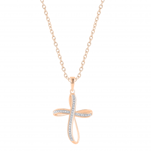 Round White Diamond Infinity Ribbon Cross Pendant with 18 Inch Gold Chain for Women (0.13 ctw, Color I-J, Clarity I1-I2) in 14K Rose Gold