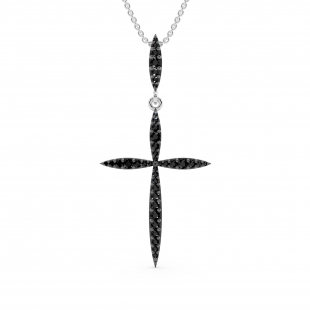 Round Black Diamond Twisting Religious Cross Pendant for Women 18 Inch Silver Chain (0.32 ctw, Color Black, Clarity Opaque) in 18K White Gold