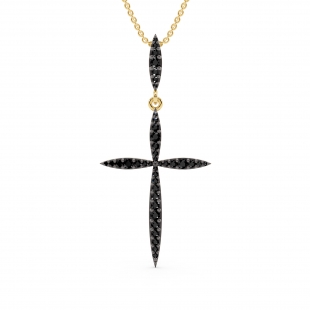 Round Black Diamond Twisting Religious Cross Pendant for Women 18 Inch Gold Chain (0.32 ctw, Color Black, Clarity Opaque) in 14K Yellow Gold