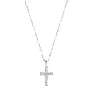 Round White Diamond Heart Cross Pendant with 18 inch Silver Chain for Women (0.12 ctw, Color I-J, Clarity I2-I3) in 925 Sterling Silver