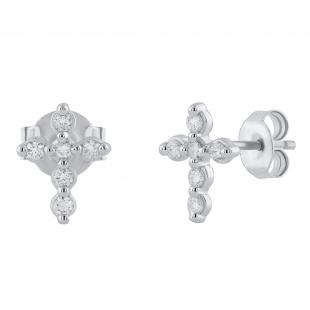 Round White Diamond 6 Stone Cross Stud Earrings for Women (0.13 ctw, Color I-J, Clarity I2-I3) in 925 Sterling Silver in Push Back