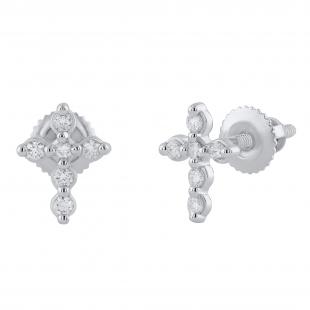 Round White Diamond 6 Stone Cross Stud Earrings for Women (0.13 ctw, Color I-J, Clarity I2-I3) in 925 Sterling Silver in Screw Back