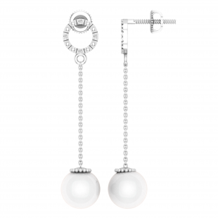 8mm Round Cultured Freshwater Pearl & 0.02 CT White Diamond Open Circle Linear Drop Earrings for Women in 925 Sterling Silver