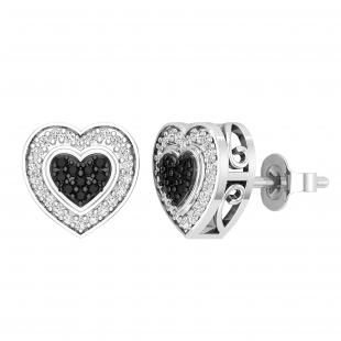 0.37 ctw Round Black and White Diamond Heart Shaped Push Back Stud Earrings for Ladies10K White Gold