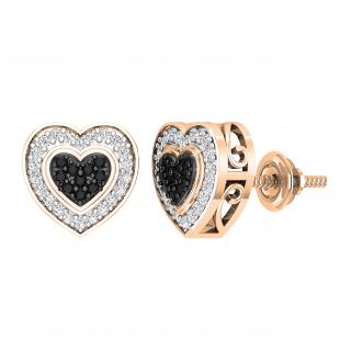 0.37 ctw Round Black and White Diamond Heart Shaped Screw Back Stud Earrings for Ladies14K Rose Gold