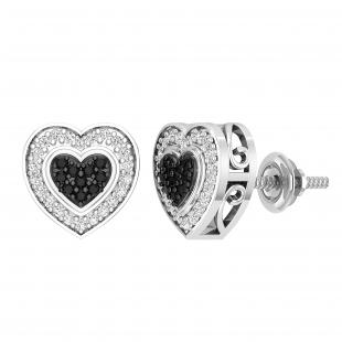 0.37 ctw Round Black and White Diamond Heart Shaped Screw Back Stud Earrings for Ladies in 925 Sterling Silver