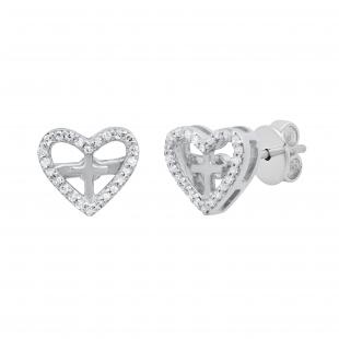 Round White Diamond Open Heart Cross Stud Earrings for Her (0.10 ctw, Color I-J, Clarity I2-I3) in 925 Sterling Silver in Push Back